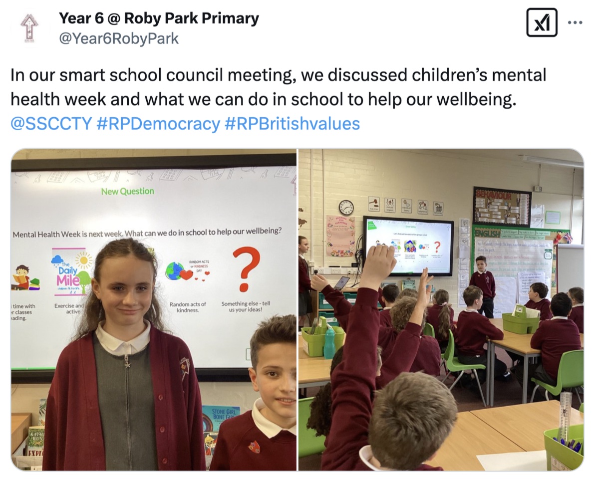 Tweet from Year 6 @ Roby Park Primary about their Smart School Council meeting